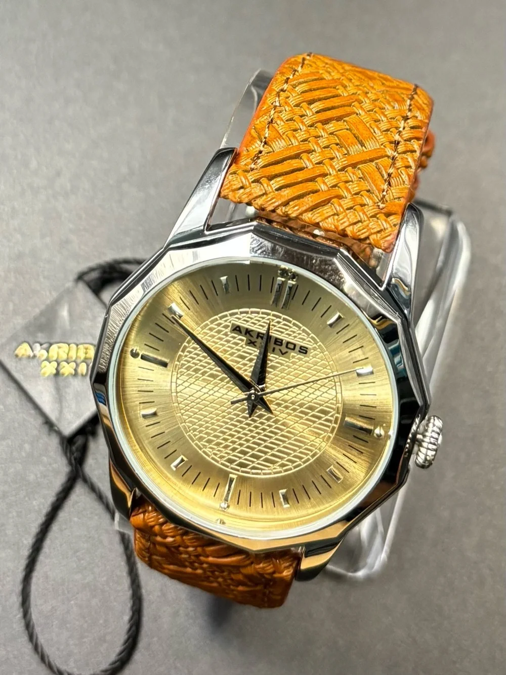 Akribos XXIV Quartz Dodecagon Case Champagne Dial Leather Band 41mm AK825SSBR
